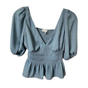 WAYF Where Are You From Blue V-neck Puff Sleeve Cropped Peplum Blouse